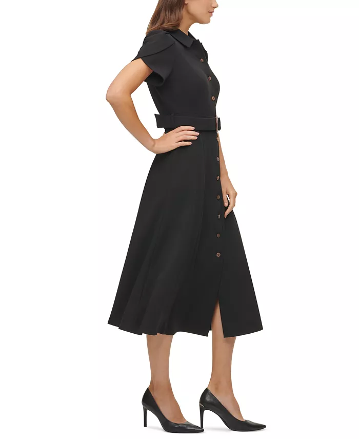 Calvin Klein Puff-Sleeve Belted Midi Dress Women's Fashion Shoes & Accessories