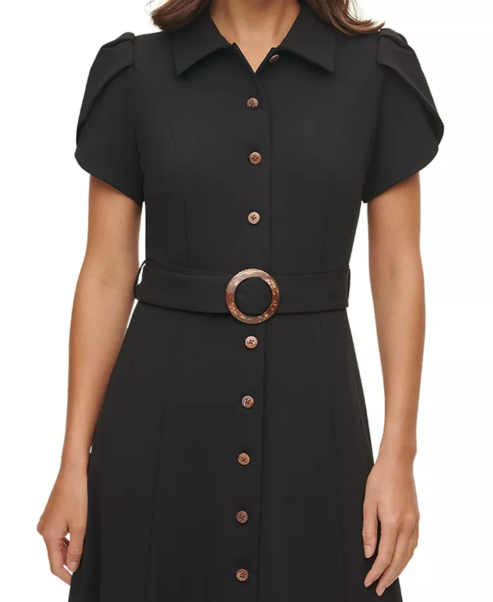 Calvin Klein Puff-Sleeve Belted Midi Dress Women's Fashion Shoes & Accessories