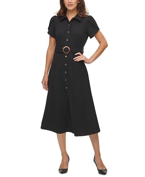 Calvin Klein Puff-Sleeve Belted Midi Dress Women's Fashion Shoes & Accessories