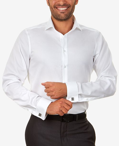 Calvin Klein Steel Men's Slim-Fit Non-Iron Herringbone French Cuff Dress Shirt Men's Fashion & Accessories