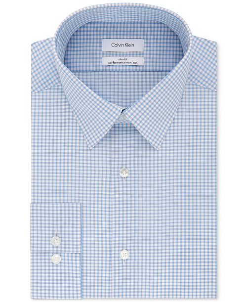 Calvin Klein Steel Men's Slim-Fit Non-Iron Performance Stretch Blue Check Dress Shirt Men's Fashion & Accessories