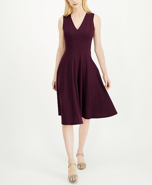 Calvin Klein V-Neck Midi Dress Women's Fashion Shoes & Accessories