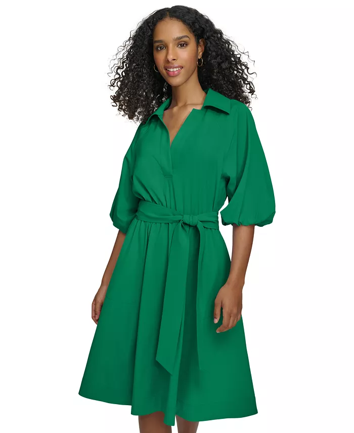 Calvin Klein Women's Belted Puffed-Sleeve Shirt Dress Women's Fashion Shoes & Accessories