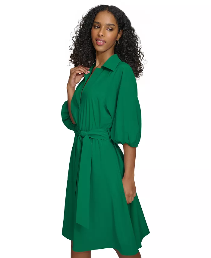 Calvin Klein Women's Belted Puffed-Sleeve Shirt Dress Women's Fashion Shoes & Accessories