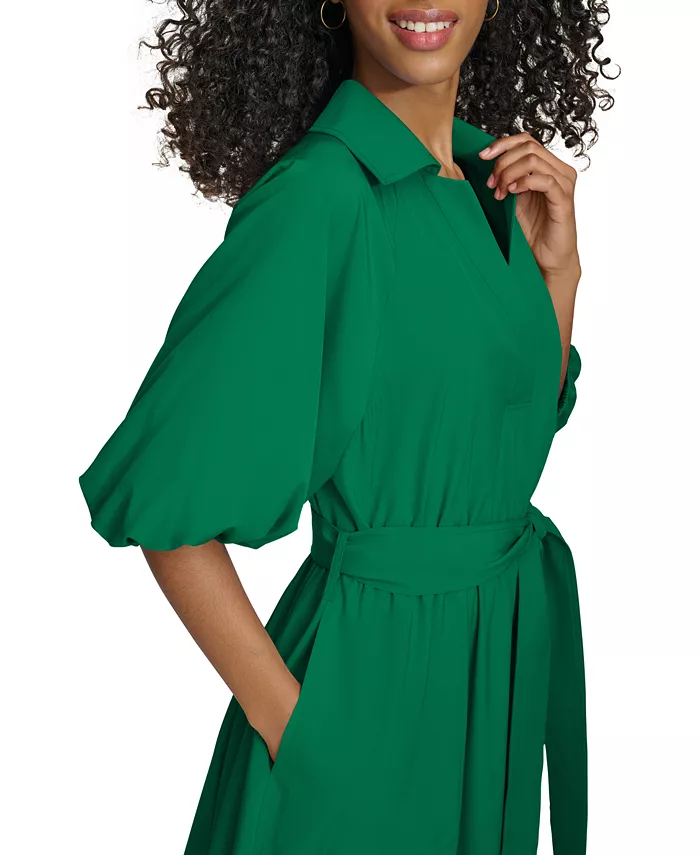 Calvin Klein Women's Belted Puffed-Sleeve Shirt Dress Women's Fashion Shoes & Accessories