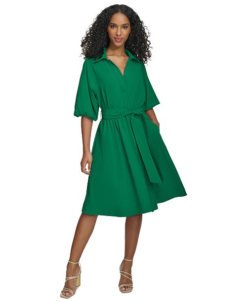 Calvin Klein Women's Belted Puffed-Sleeve Shirt Dress Women's Fashion Shoes & Accessories