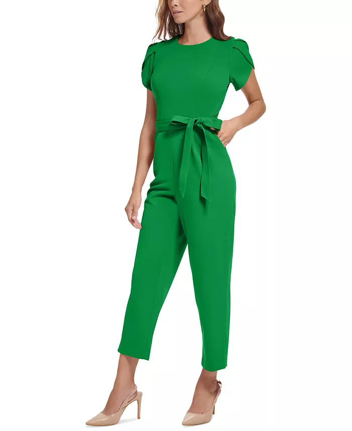 Calvin Klein Women's Belted Tulip-Sleeve Jumpsuit Women's Fashion Shoes & Accessories