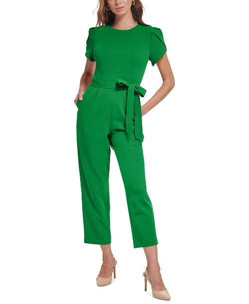 Calvin Klein Women's Belted Tulip-Sleeve Jumpsuit Women's Fashion Shoes & Accessories