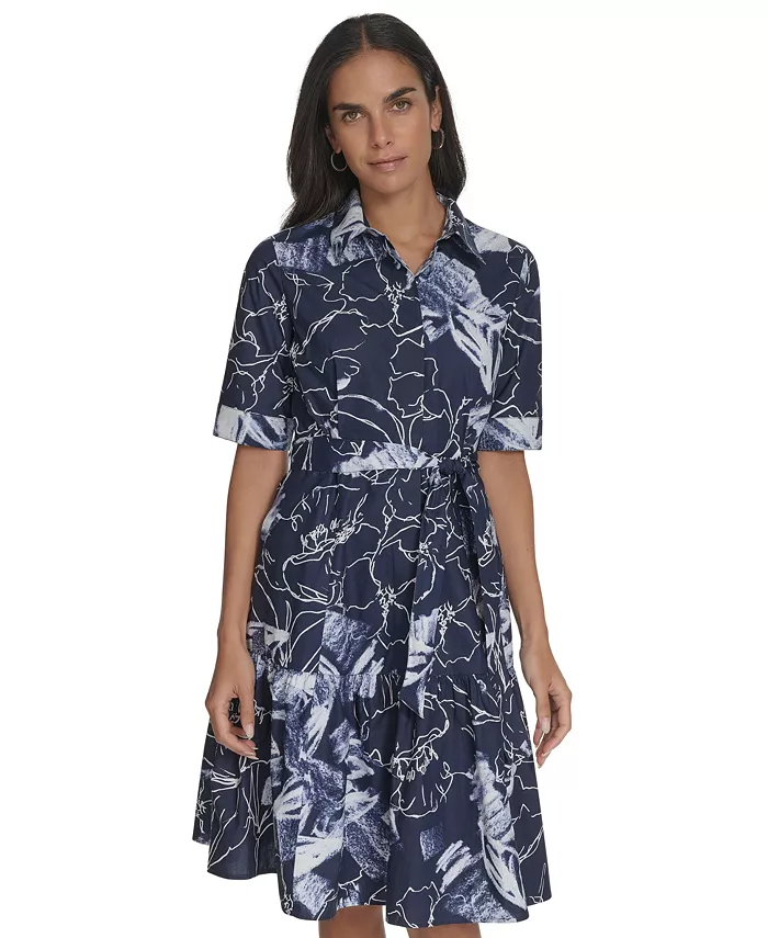 Calvin Klein Women's Cotton Abstract-Print Shirtdress Women's Fashion Shoes & Accessories
