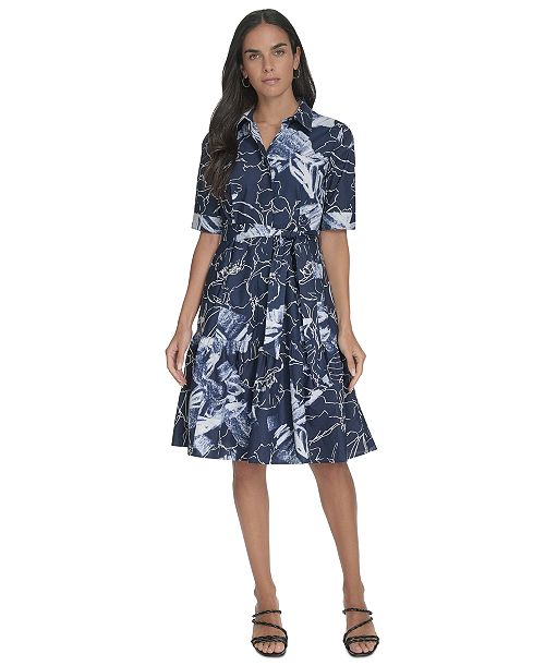 Calvin Klein Women's Cotton Abstract-Print Shirtdress Women's Fashion Shoes & Accessories