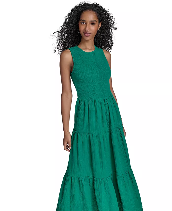 Calvin Klein Women's Cotton Smocked Tiered Maxi Dress Women's Fashion Shoes & Accessories