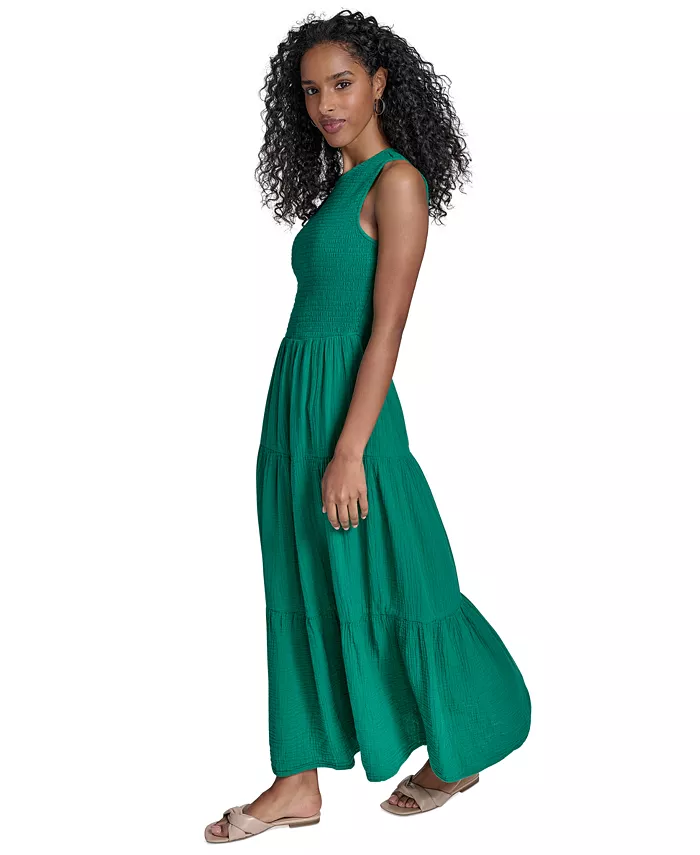 Calvin Klein Women's Cotton Smocked Tiered Maxi Dress Women's Fashion Shoes & Accessories