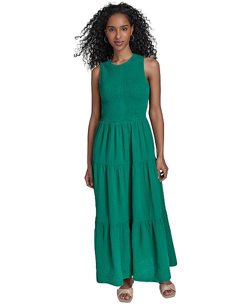 Calvin Klein Women's Cotton Smocked Tiered Maxi Dress Women's Fashion Shoes & Accessories