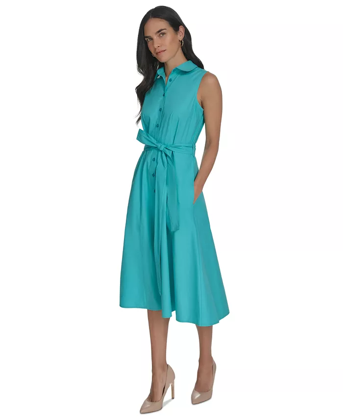 Calvin Klein Women's Cotton Tie-Waist Sleeveless Dress Women's Fashion Shoes & Accessories