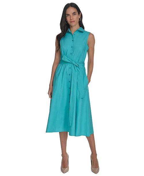 Calvin Klein Women's Cotton Tie-Waist Sleeveless Dress Women's Fashion Shoes & Accessories