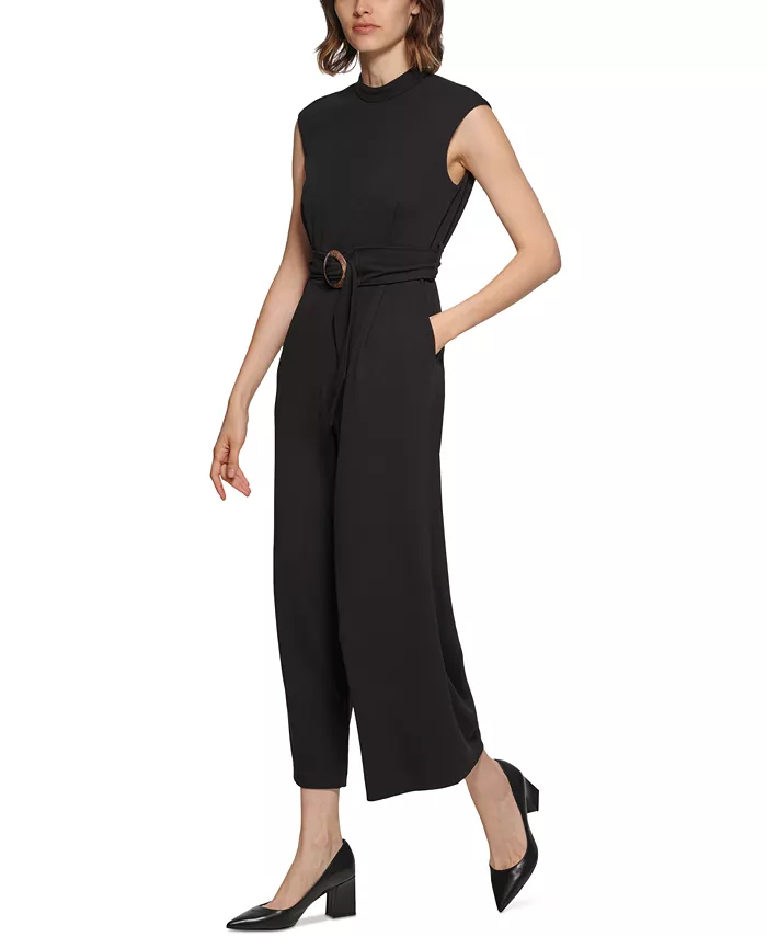 Calvin Klein Women's Crepe Belted Straight-Leg Jumpsuit Women's Fashion Shoes & Accessories