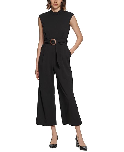 Calvin Klein Women's Crepe Belted Straight-Leg Jumpsuit Women's Fashion Shoes & Accessories