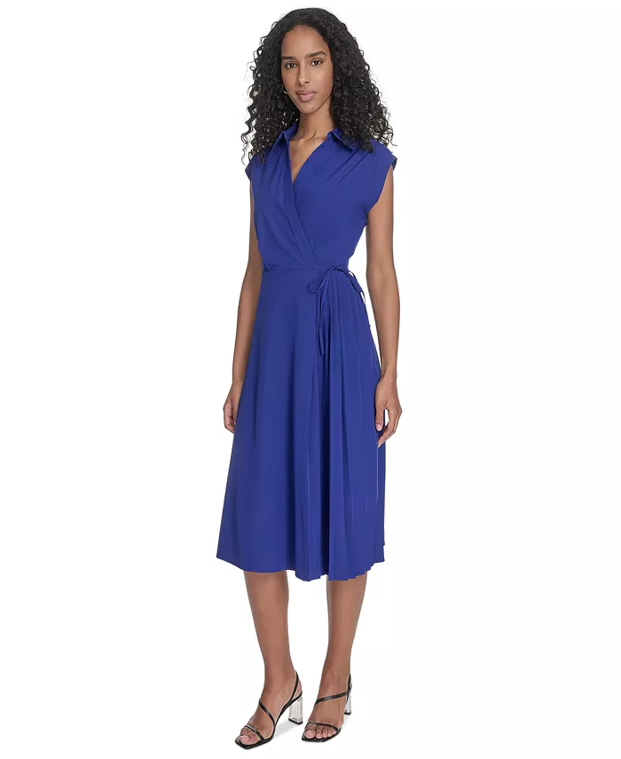 Calvin Klein Women's Faux-Wrap Sleeveless A-Line Dress Women's Fashion Shoes & Accessories