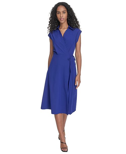 Calvin Klein Women's Faux-Wrap Sleeveless A-Line Dress Women's Fashion Shoes & Accessories