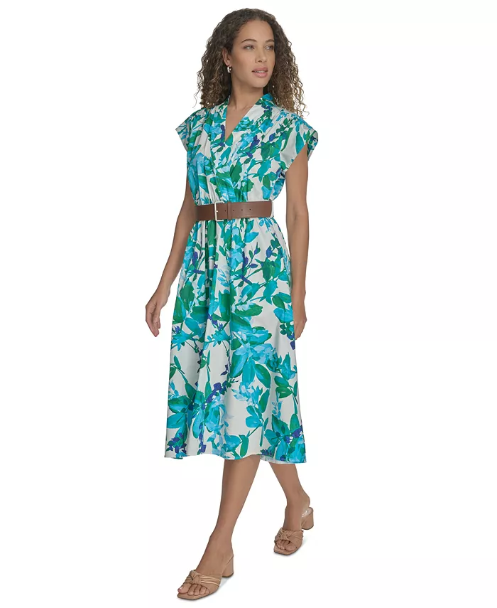 Calvin Klein Women's Floral Belted A-Line Dress Women's Fashion Shoes & Accessories