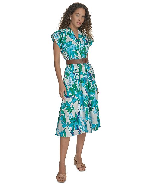 Calvin Klein Women's Floral Belted A-Line Dress Women's Fashion Shoes & Accessories