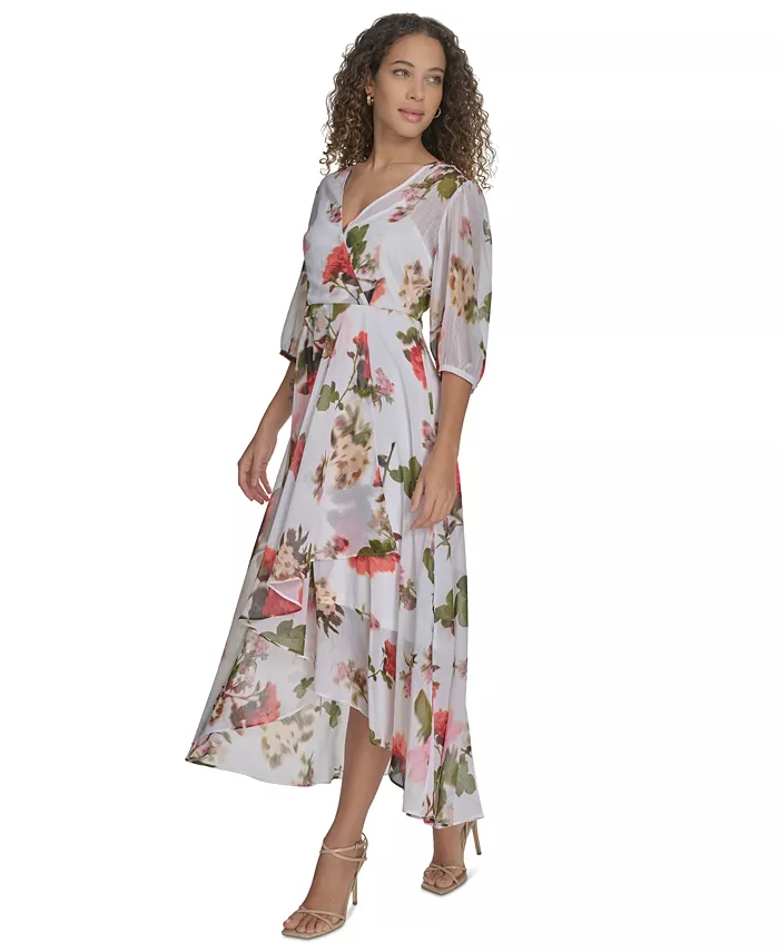 Calvin Klein Women's Floral-print Faux-wrap Chiffon High-low Dress Women's Fashion Shoes & Accessories