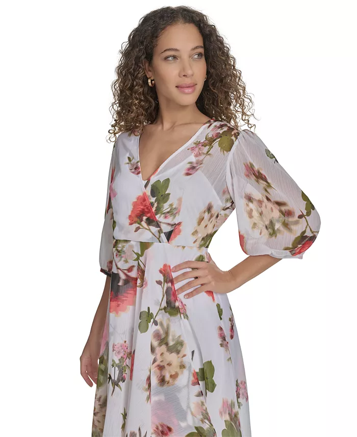 Calvin Klein Women's Floral-print Faux-wrap Chiffon High-low Dress Women's Fashion Shoes & Accessories