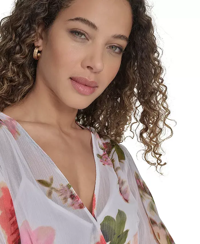 Calvin Klein Women's Floral-print Faux-wrap Chiffon High-low Dress Women's Fashion Shoes & Accessories