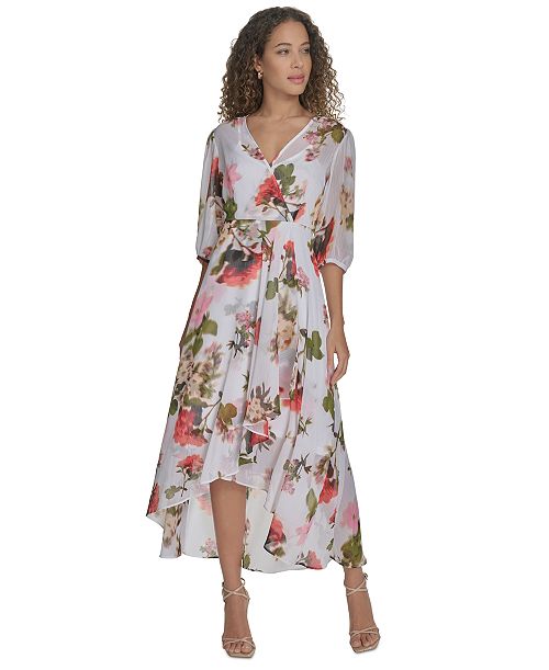 Calvin Klein Women's Floral-print Faux-wrap Chiffon High-low Dress Women's Fashion Shoes & Accessories