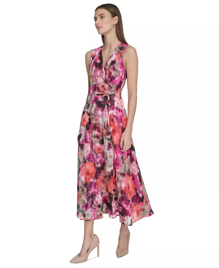 Calvin Klein Women's Floral-Print Faux-Wrap Sleeveless Dress Women's Fashion Shoes & Accessories