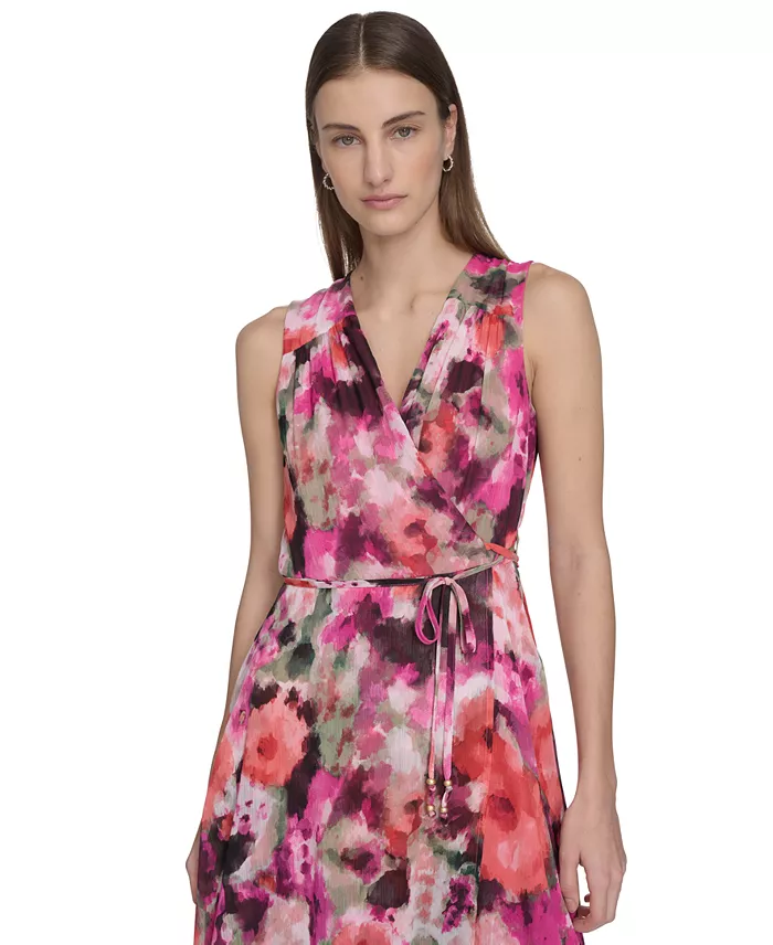 Calvin Klein Women's Floral-Print Faux-Wrap Sleeveless Dress Women's Fashion Shoes & Accessories