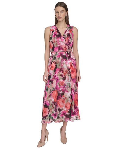 Calvin Klein Women's Floral-Print Faux-Wrap Sleeveless Dress Women's Fashion Shoes & Accessories
