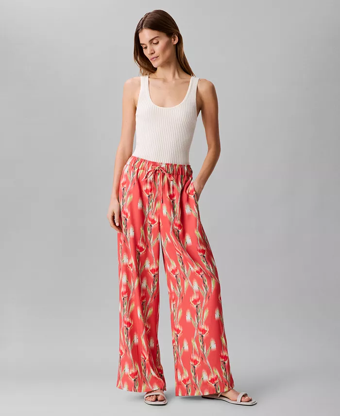Calvin Klein Women's Floral-Print Pull-On Drawstring Pants Women's Fashion Shoes & Accessories