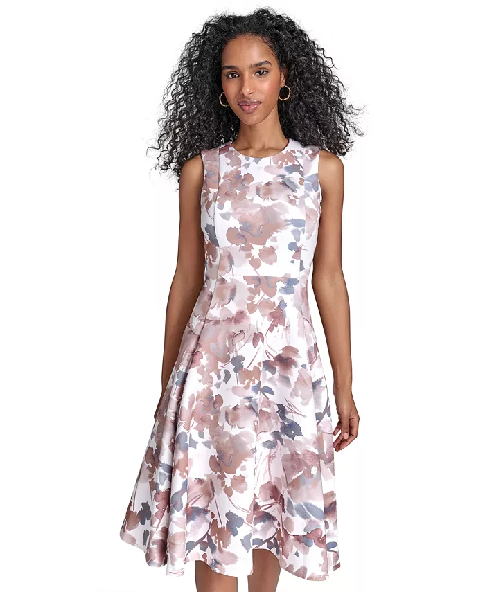 Calvin Klein Women's Floral-print Scuba Fit & Flare Midi Dress Women's Fashion Shoes & Accessories