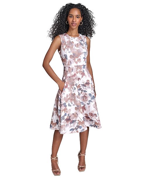 Calvin Klein Women's Floral-print Scuba Fit & Flare Midi Dress Women's Fashion Shoes & Accessories