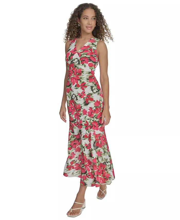 Calvin Klein Women's Floral V-Neck Sleeveless Midi Dress Women's Fashion Shoes & Accessories