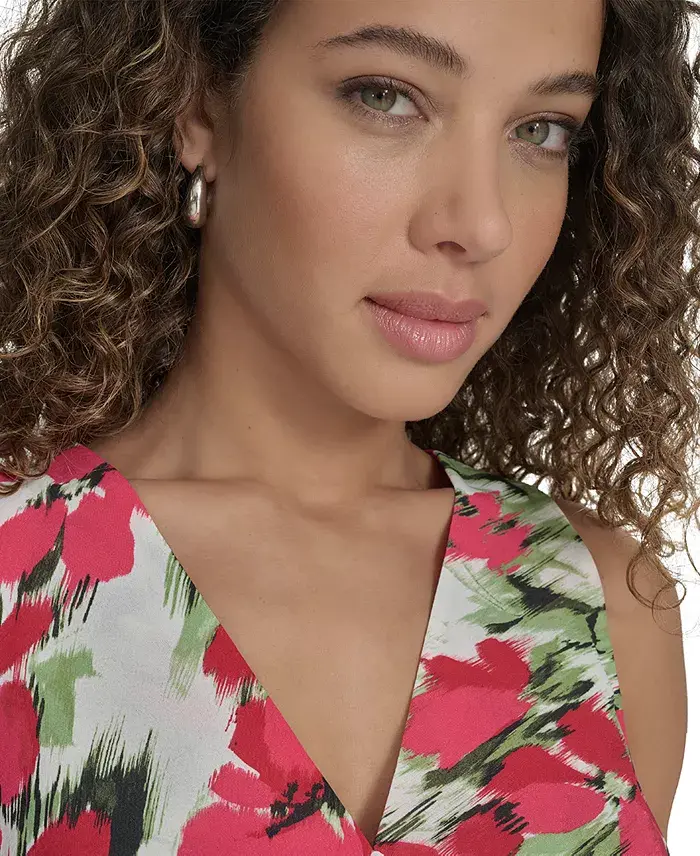 Calvin Klein Women's Floral V-Neck Sleeveless Midi Dress Women's Fashion Shoes & Accessories