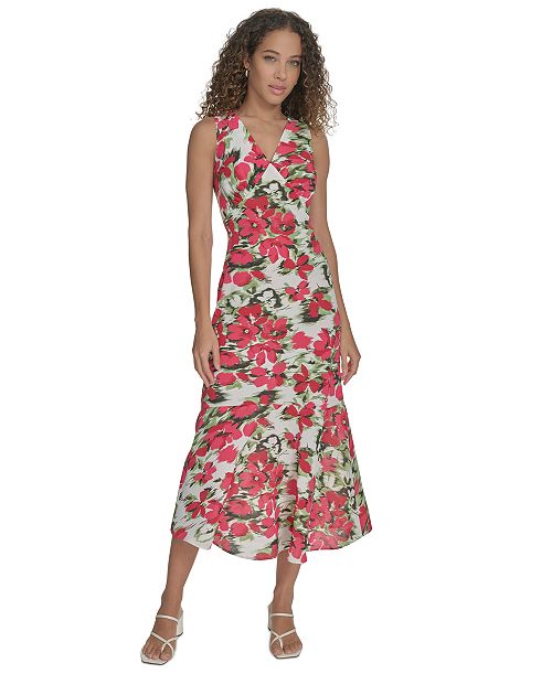 Calvin Klein Women's Floral V-Neck Sleeveless Midi Dress Women's Fashion Shoes & Accessories