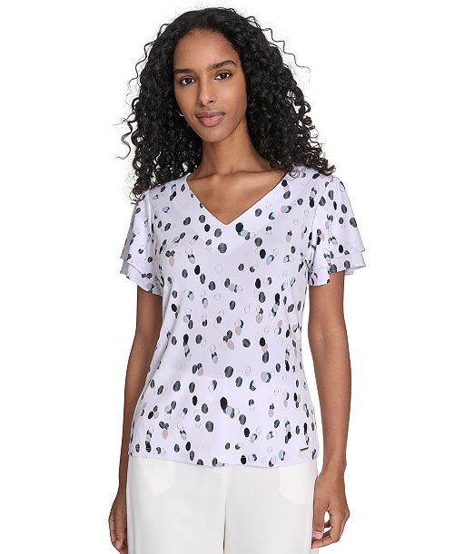 Calvin Klein Women's Flutter-Sleeve V-Neck Blouse Women's Fashion Shoes & Accessories
