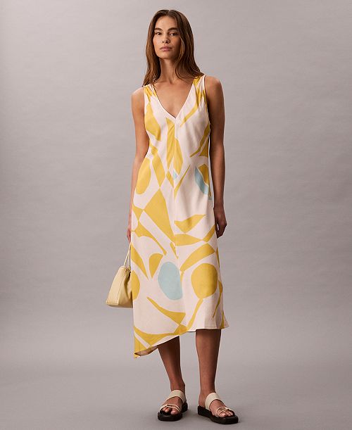 Calvin Klein Women's Geo-Print Asymmetrical-Hem Midi Dress Women's Fashion Shoes & Accessories
