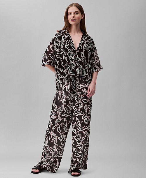 Calvin Klein Women's Printed Chiffon Wrap Top & Pull-On Pants Women's Fashion Shoes & Accessories