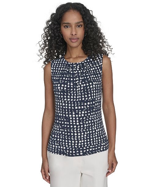 Calvin Klein Women's Printed Pleat-Neck Shell Women's Fashion Shoes & Accessories