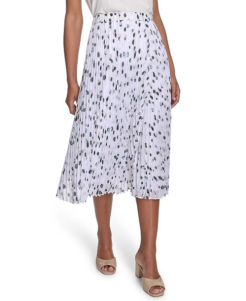 Calvin Klein Women's Printed Pleated Pull-On Midi Skirt Women's Fashion Shoes & Accessories