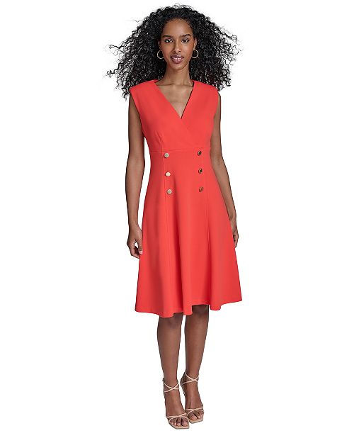 Calvin Klein Women's Scuba-Crepe Faux-Button Dress Women's Fashion Shoes & Accessories