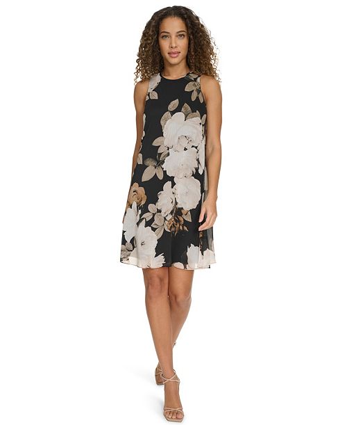 Calvin Klein Women's Sleeveless Chiffon Shift Dress Women's Fashion Shoes & Accessories