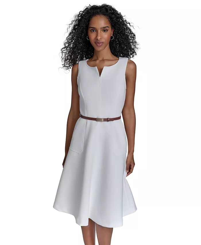 Calvin Klein Women's Split-Neck Belted Scuba Dress Women's Fashion Shoes & Accessories