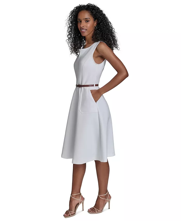 Calvin Klein Women's Split-Neck Belted Scuba Dress Women's Fashion Shoes & Accessories