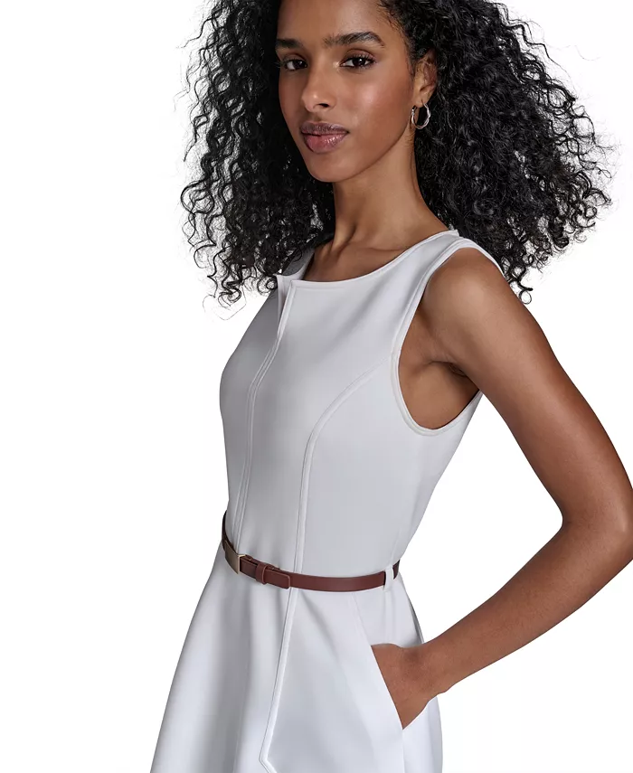 Calvin Klein Women's Split-Neck Belted Scuba Dress Women's Fashion Shoes & Accessories