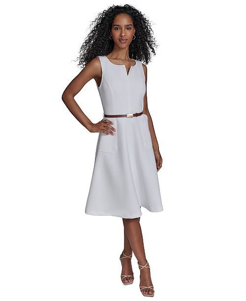 Calvin Klein Women's Split-Neck Belted Scuba Dress Women's Fashion Shoes & Accessories