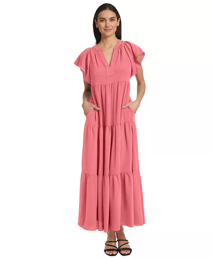 Calvin Klein Women's Split-Neck Tiered Maxi Dress Women's Fashion Shoes & Accessories